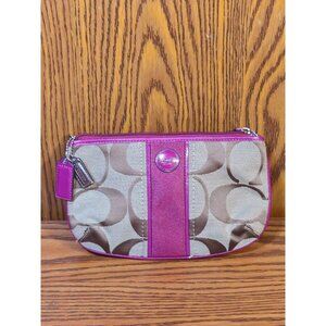Coach Small Beige & Pink Signature Canvas Wristlet Bag With Zip Closure & Metal
